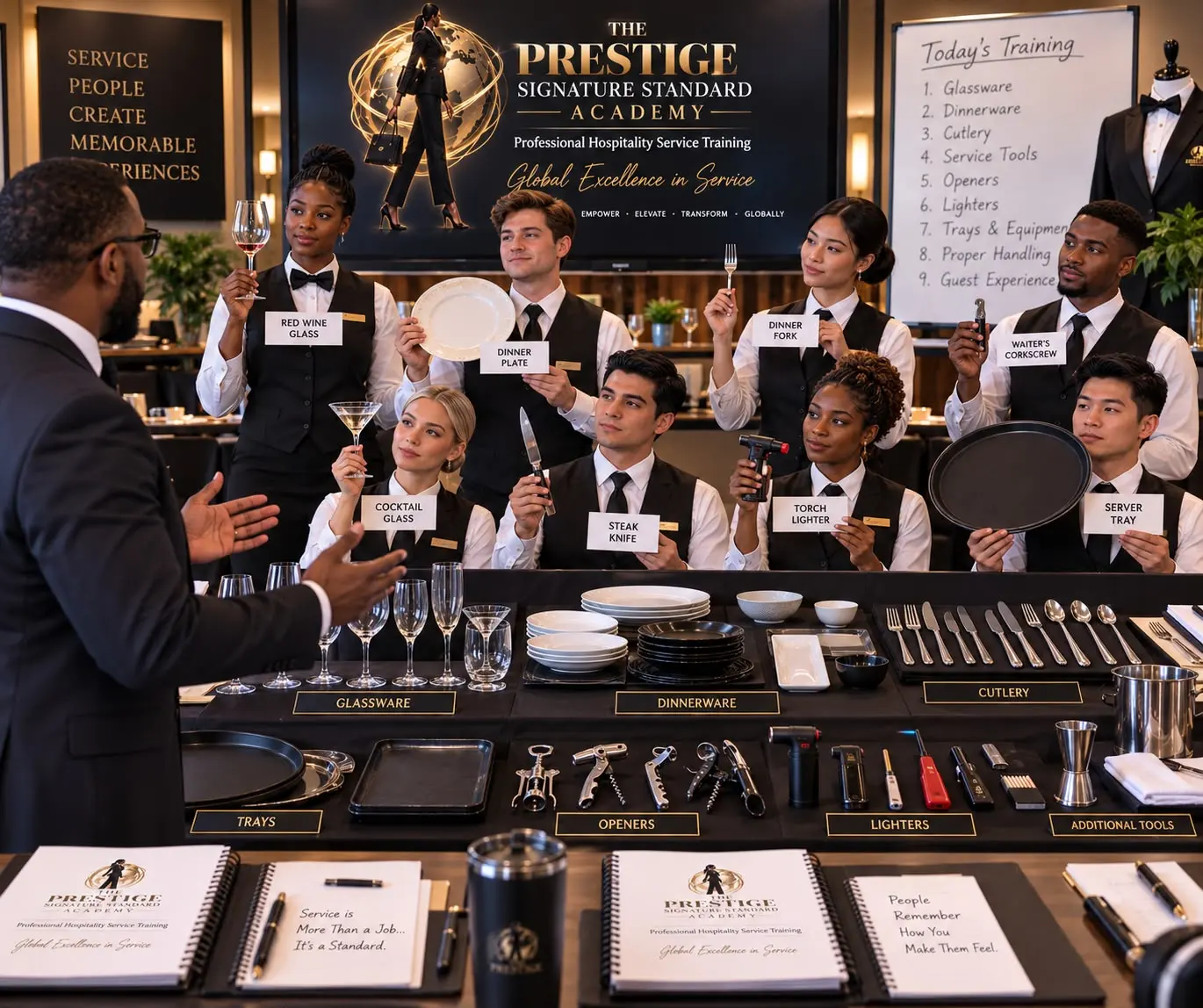 Hospitality professionals practicing glassware, plate and service-tool standards.