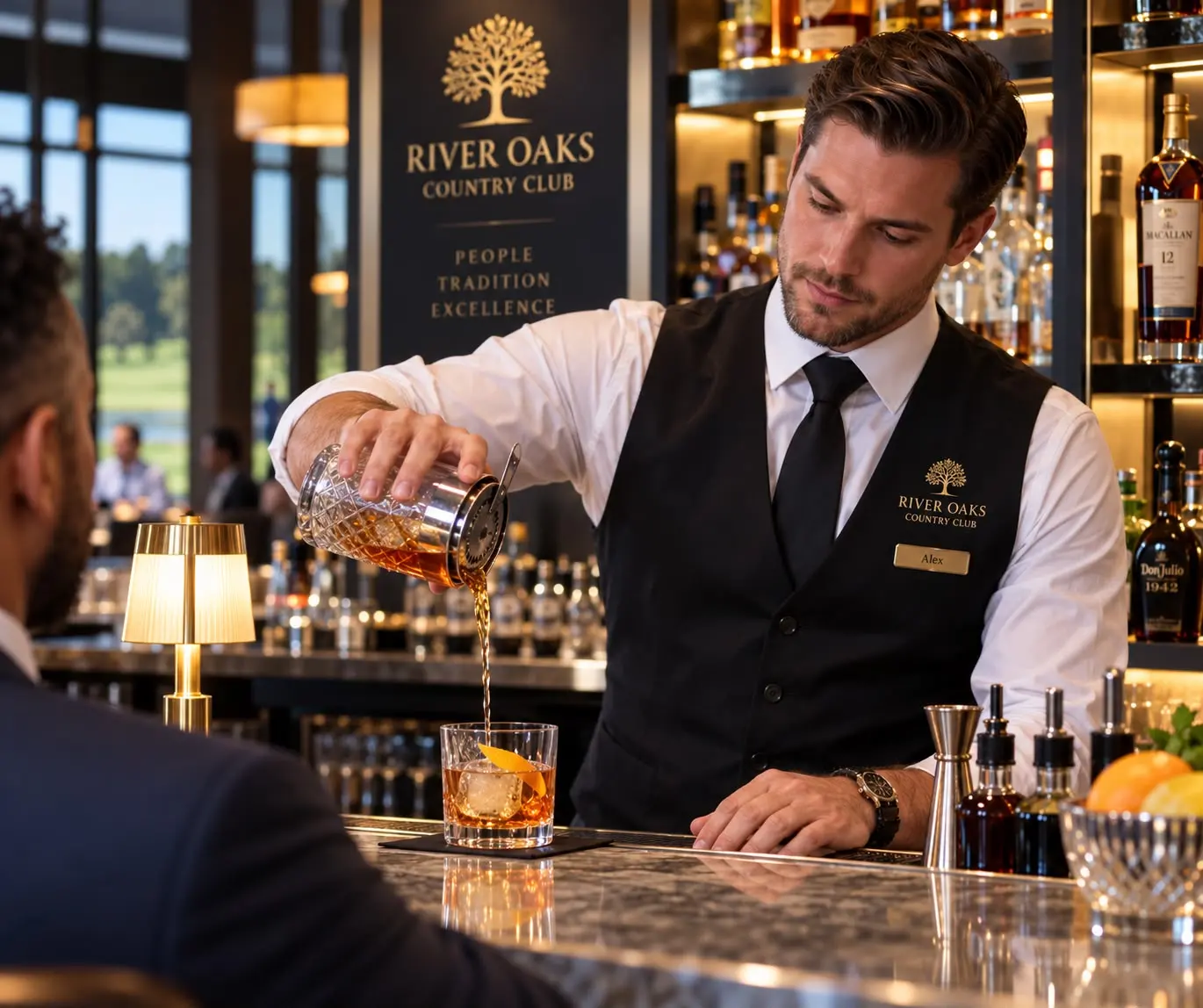 A bartender pouring a drink for a guest at a club bar.