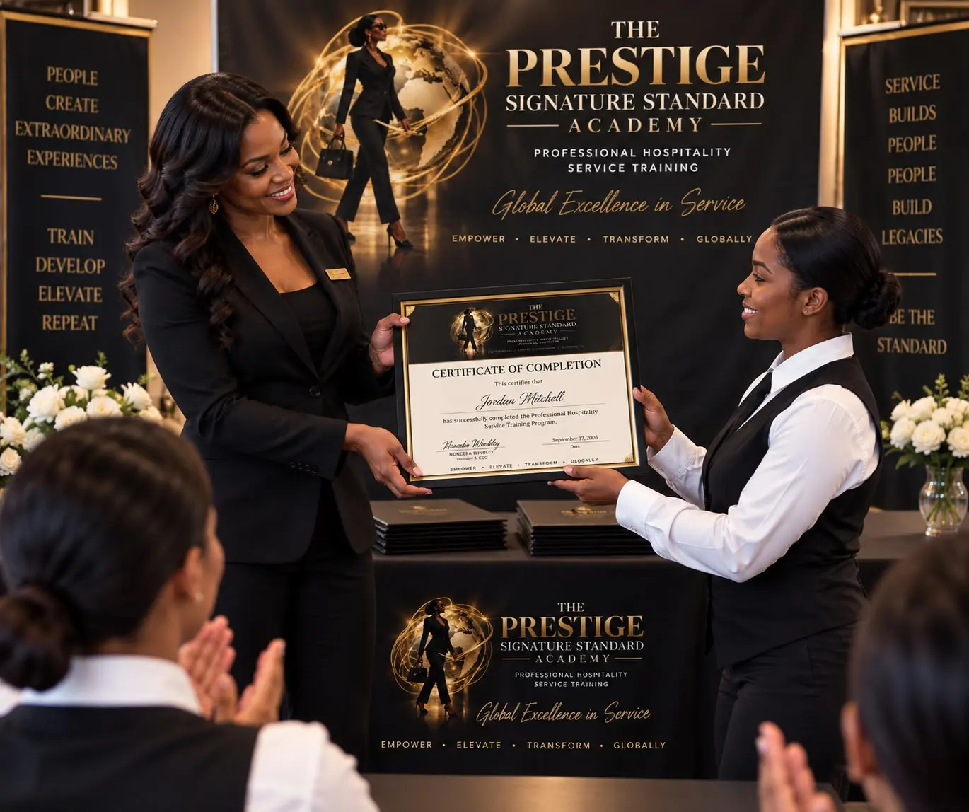 A certificate presentation during a Prestige academy recognition moment.