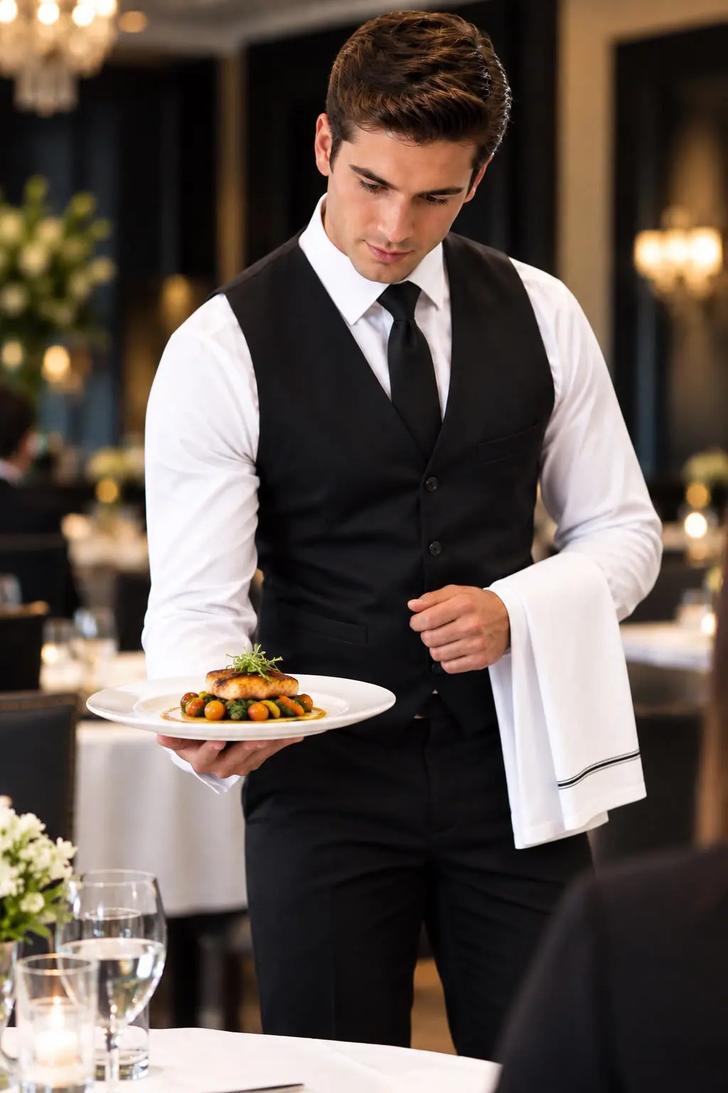 A server presenting a plated dish while holding a service cloth.