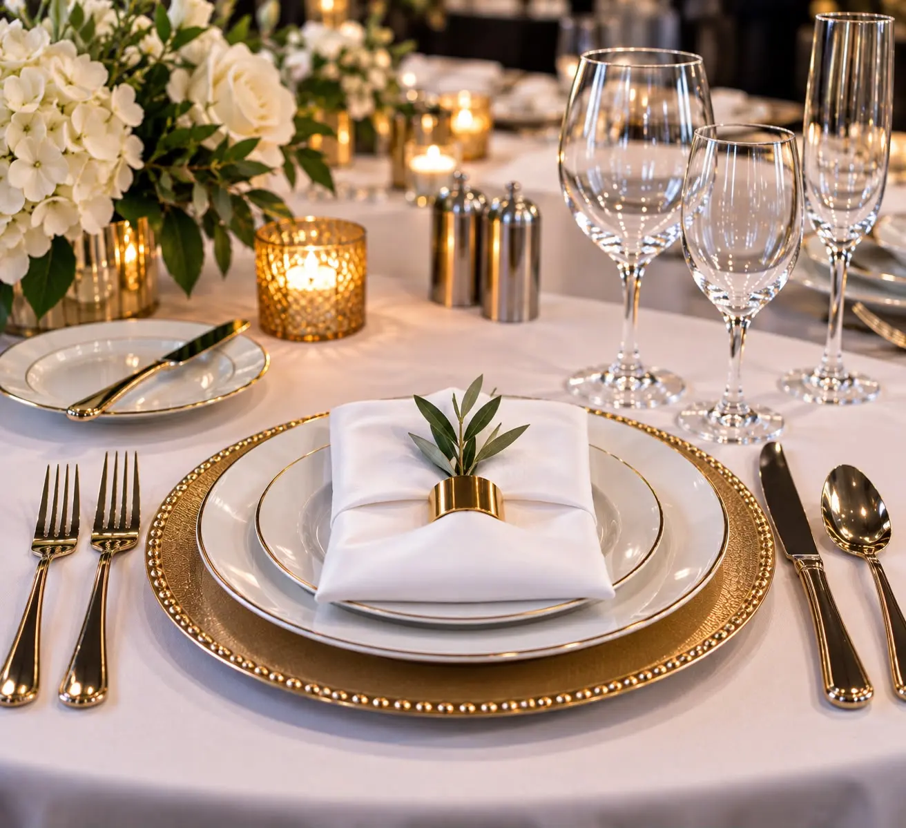 A formal place setting with gold flatware, white plates, a folded napkin, and glassware.