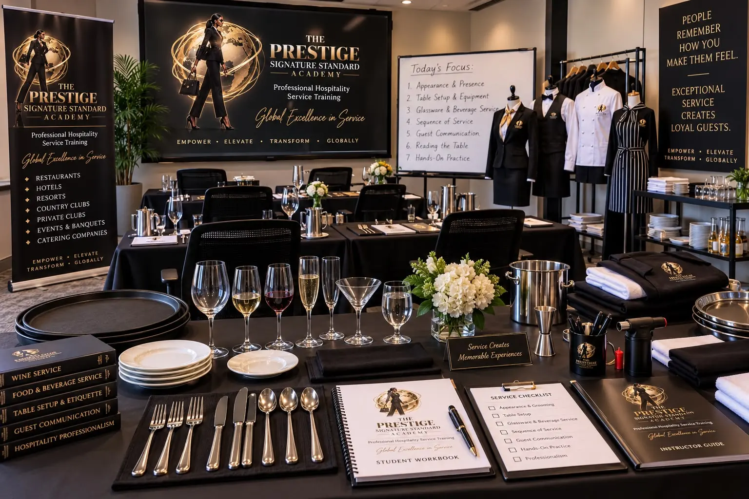 A Prestige training room prepared with glassware, place settings and service uniforms.